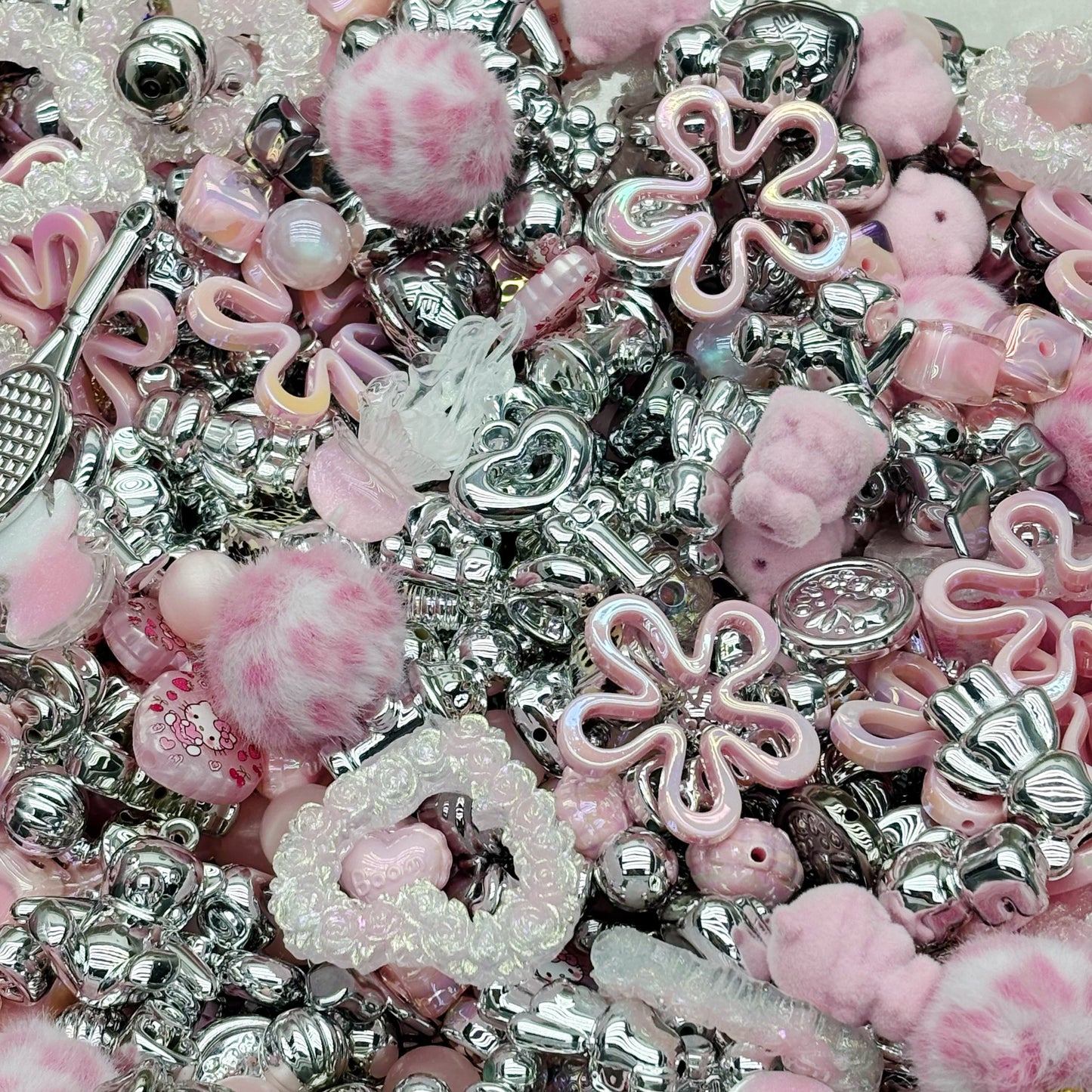 Acrylic beads-Pink-Silver Flower (for beadable pens, keychains, phone chains)